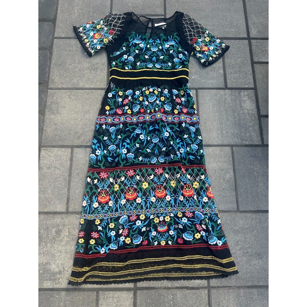 Anthropologie Esther Embroidered Midi Dress Size 6 Black Floral Mesh Boho